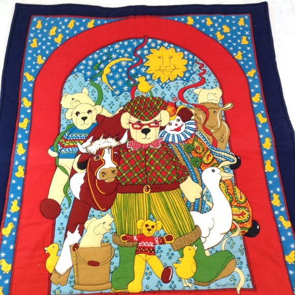Vintage Quilted Baby Blanket Bears Cow Ducks Pigs Clown 33 1/2" x 41 1/2" - Picture 2 of 15